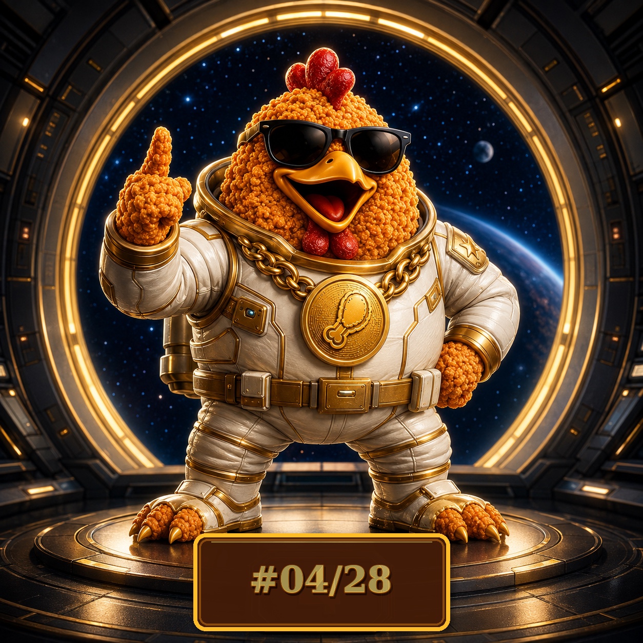 FRIED Space Chicken wearing a gold-trimmed spacesuit and sunglasses
